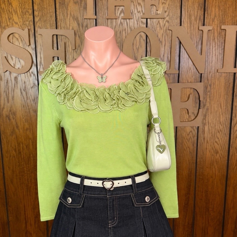 Y2K Green Rosette Ruffle Silk Knit Top D & Y Women S  Retro Twee Fairycore
